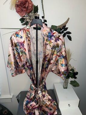 Floral Satin Kimono Robe - Pink
